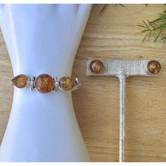 VTG 925 Sterling Silver Baltic Amber 6.5 Bracelet‎ Earrings Set Round Pear 18.7g - Picture 1 of 12